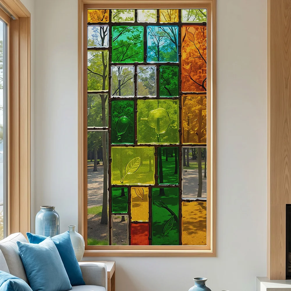 Película Adesiva Estática para Janela Estilo Vitral Colorido - Adesivo Decorativo Fosco de Privacidade para Sala de Estar, Quarto e Porta