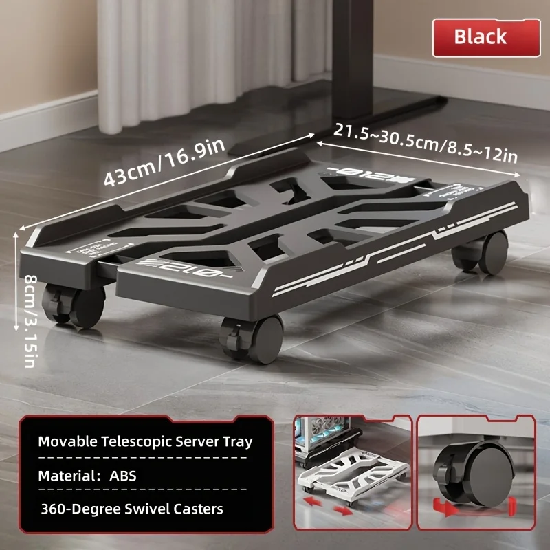 1pc Telescopic Height Adjustable Computer Server Stand 360 Swivel Rolling Casters Durable Plastic Mobile Tray Black Bracket