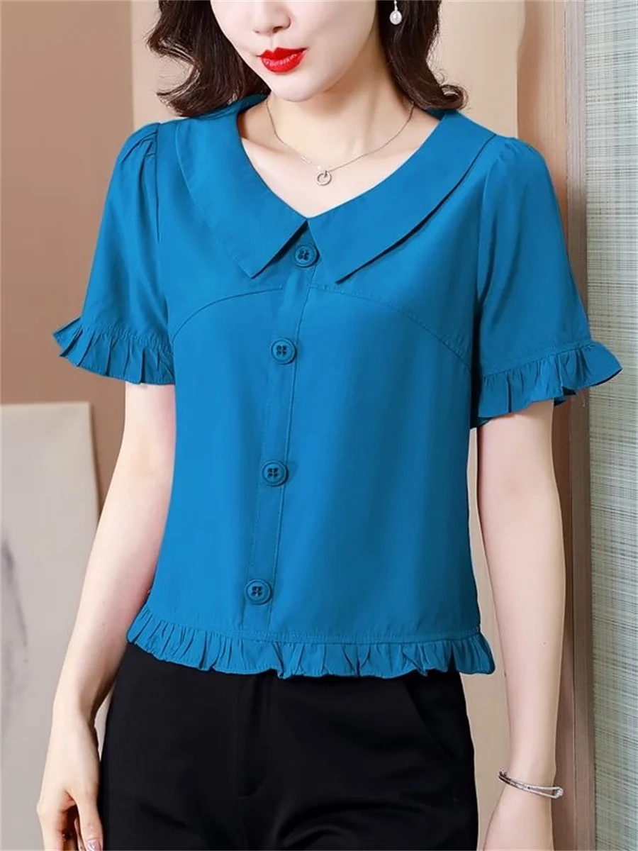 Woman Summer Style Slim Blouses Tops Lady Casual Half Lantern Sleeve Peter Pan Collar Solid Color Blusas Tops DF4405