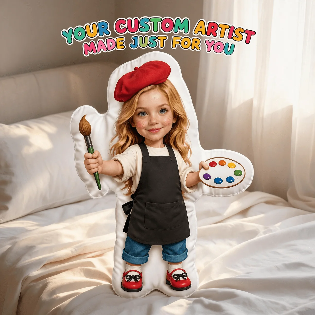 Custom Personalized Photo Face Pillow, Artist Style Red Beret & Apron Custom Shaped Decorative Cushion, Unique Home Decor Accent