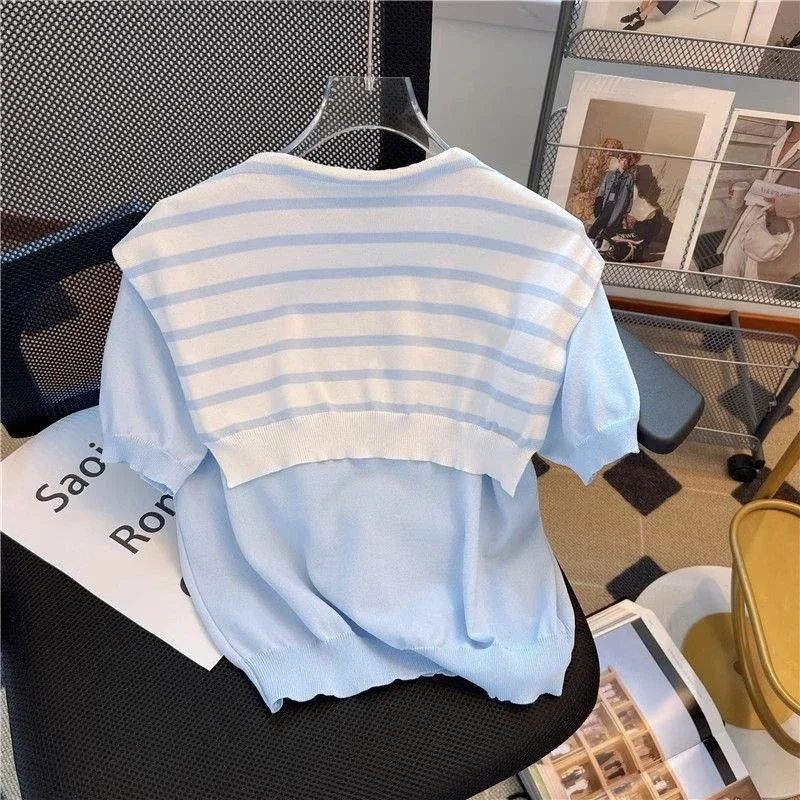 EBAIHUI Blue Short Sleeved Knit Sweater Chic Shawl Design Korean Version Fake Two-piece Women\'s T-shirt Summer Round Neck Tee