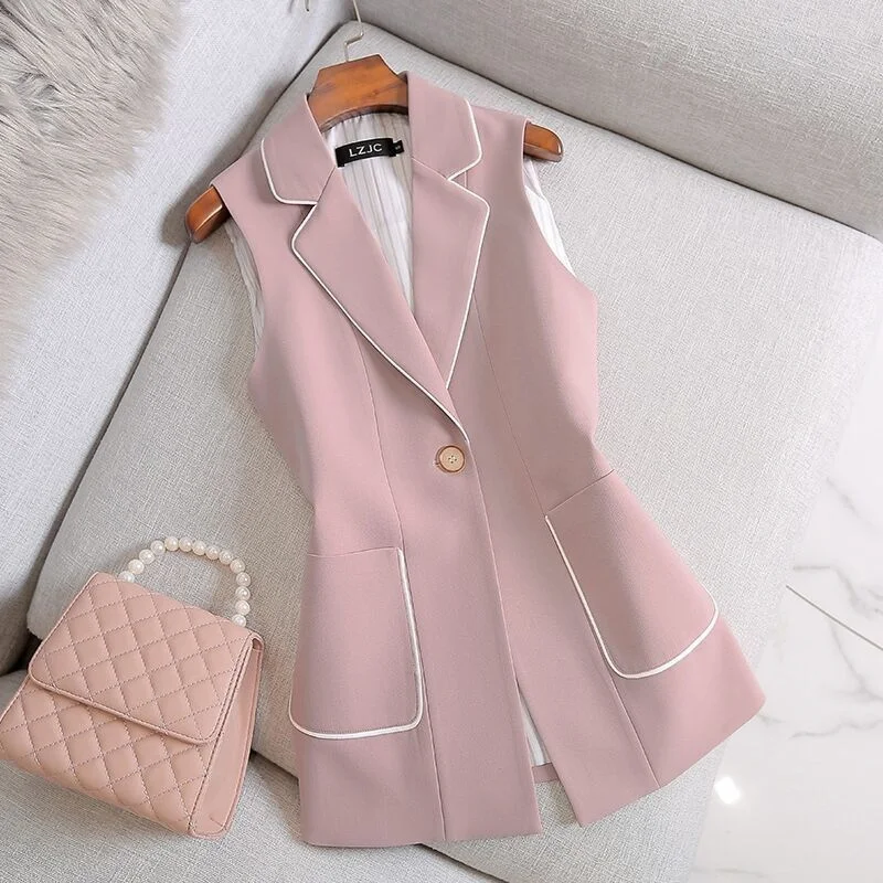 Office Lady Pocket Patchwork Suit Vest Spring Autumn New Polo Neck Sleeveless Button Slim Jacket Elegant Vintage Women Clothing