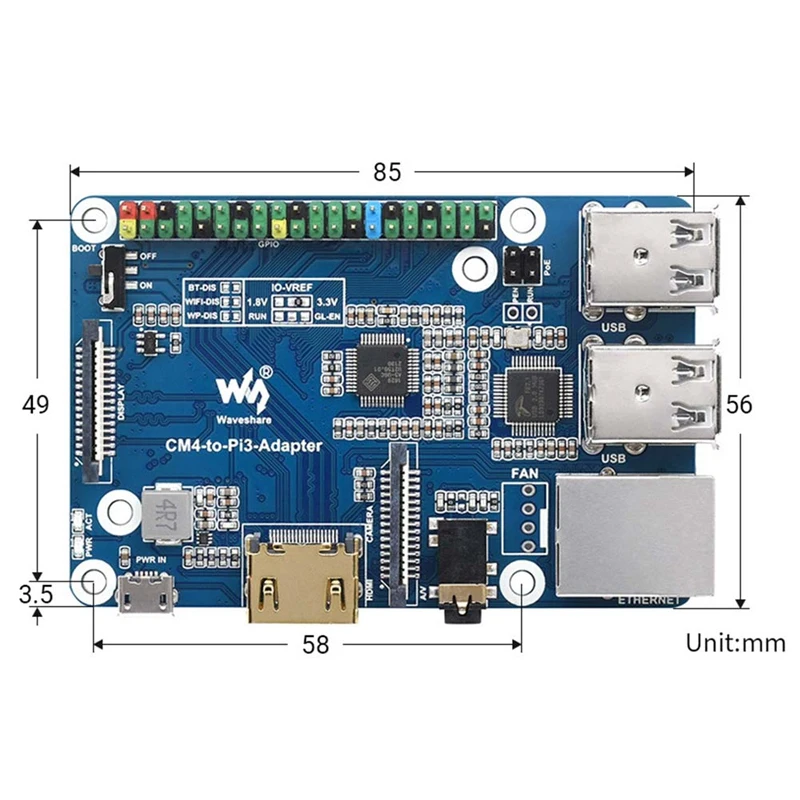 Waveshare For Raspberry Pi CM4 To 3B Adapter IO Base Board CM4 To Pi3 Adapter 1 Set Blue