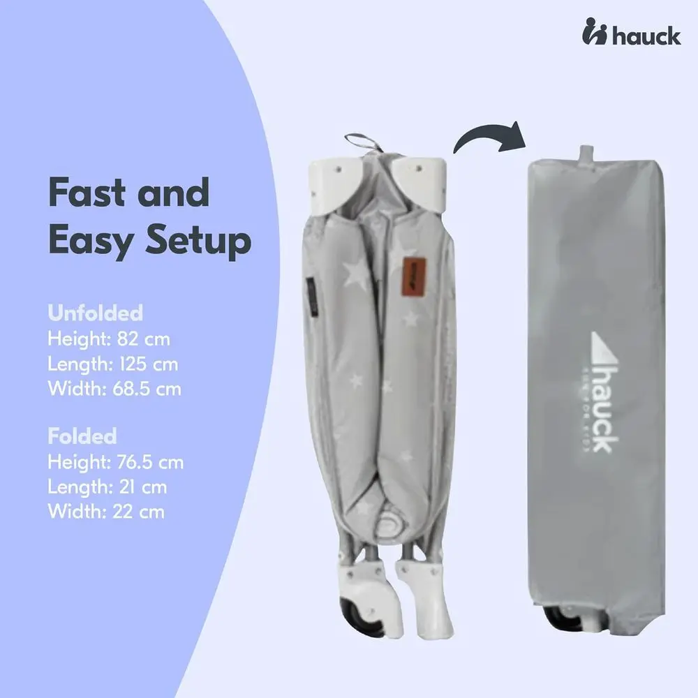 Lettino pieghevole portatile con culla, fasciatoio e box, design Grey Stars per neonati e bambini piccoli