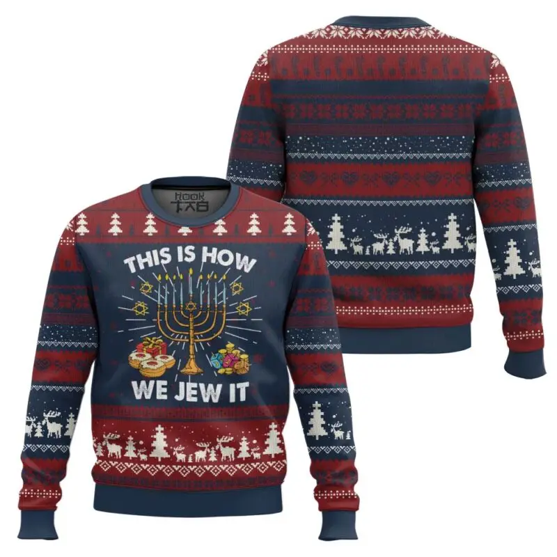 Weihnachts-Hirly-Pullover, Chanukka, Davids Star, jüdischer Laternenturm, Schneehirsch, Festival-Atmosphäre, weicher und bequemer Pullover