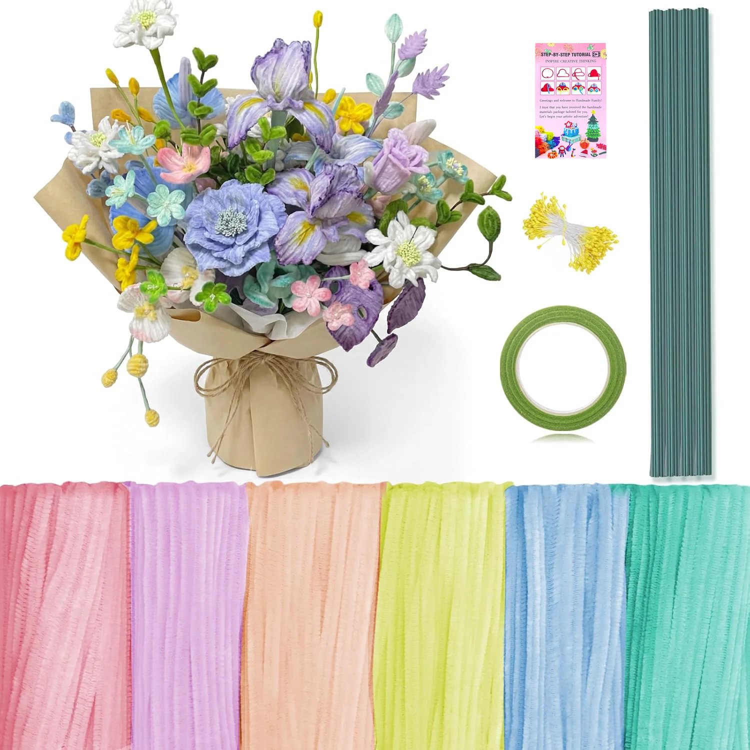 Lot de 472 fleurs en fil de chenille, couleurs assorties, avec fils floraux, ruban de jardinage, étamines et carte tutorielle