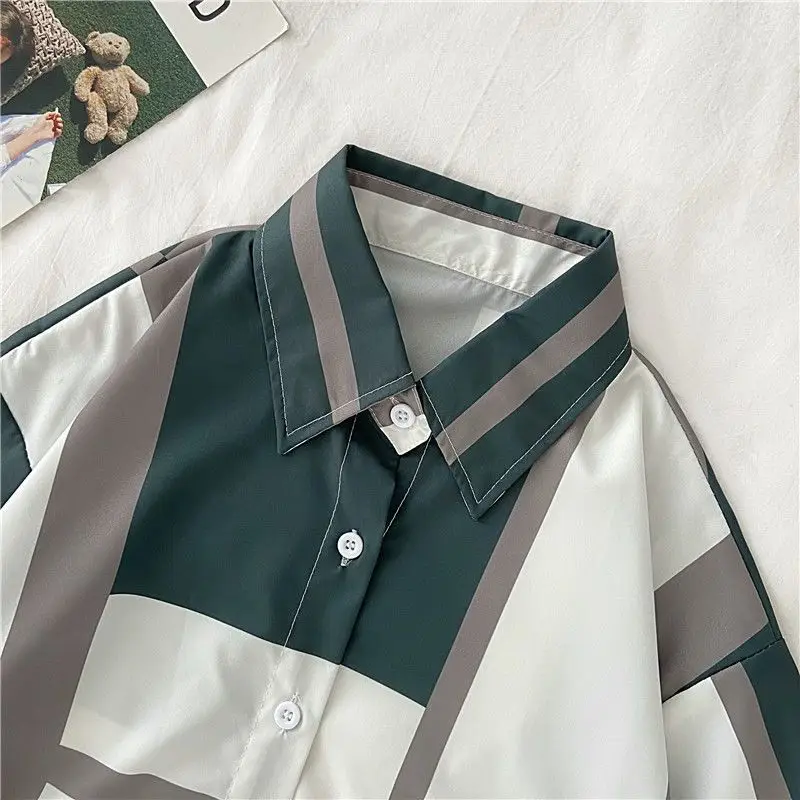 Summer New Vintage Plaid Blouse Polo Neck Short Sleeve Loose All-match Button Trend Shirt Tops Casual Fashion Women Clothing