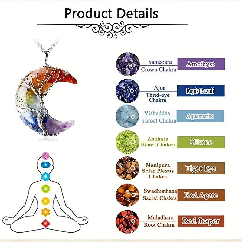1 natural crystal seven chakra life tree winding crescent phase stone pendant necklace (including resin) Bohemian style retro