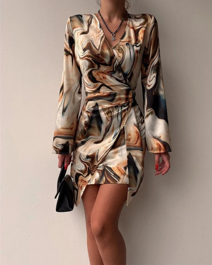 

Womens Dresses 2024 Spring Fashion Marble Print Back Zipper Long Sleeve Casual V-Neck Skinny Ruched Daily Mini Wrap Dress