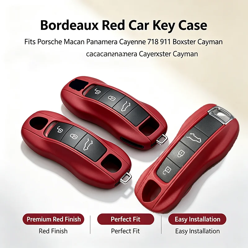 Car Key Case Bordeaux Red Color For Porsche Mancan Panamera Cayenne 718 911 Boxster CaymanTaycan Key Cover Shell Replacement Kit