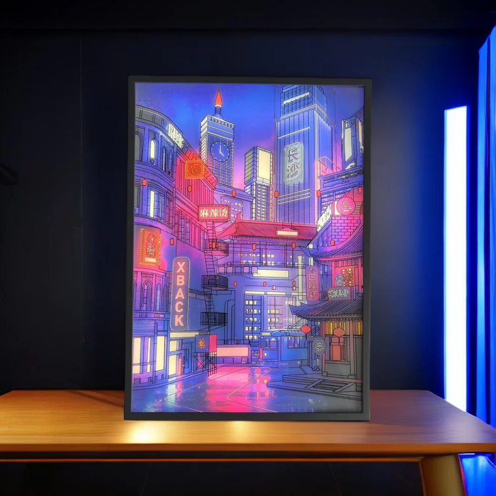 Neon City Night View Mood Light Painting, LED Anime Art, image HD, lunette étroite, prise de procureur, gradation, décorations pour la maison, cadeau de lampe de nuit