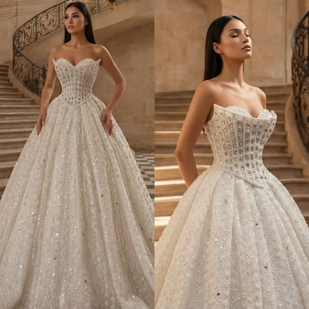 

Gorgeous Wedding Dresses Crystal Beading Bridal Gowns Strapless Sequins A Line Sleeveless Princess Customized Vestidos De Novia