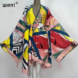 2021 WINYI nowe bawełniane bikini Sweet Lady Pink Boho Print Self Belted Front Open Long Kimono Dress Beach Tunic Women Wrap Dresses