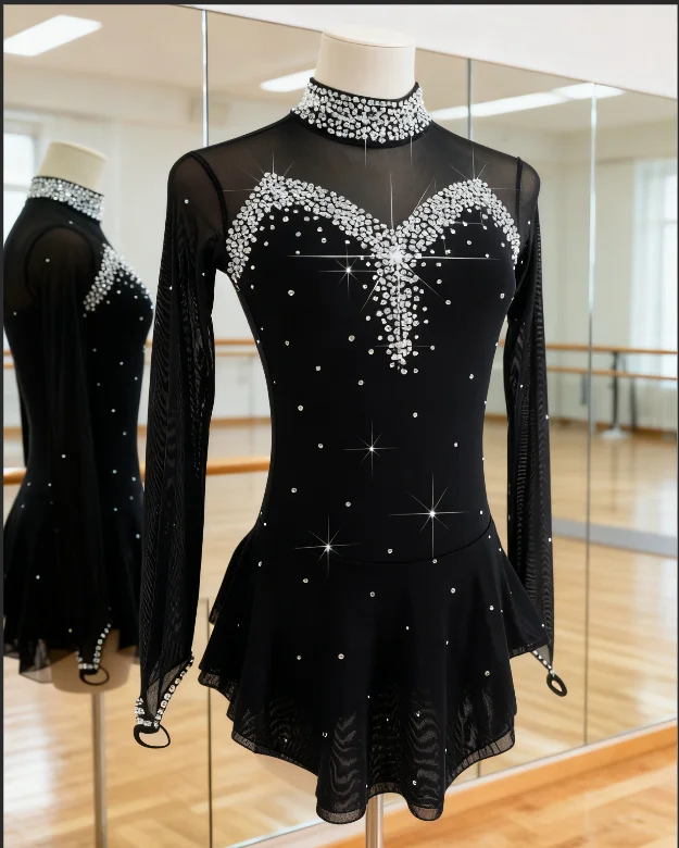 

Figure Skating Suit Women's Girls Ice Black Collar Long Sleeve Competition Performance Suit Rhythmic Gymnastics Children