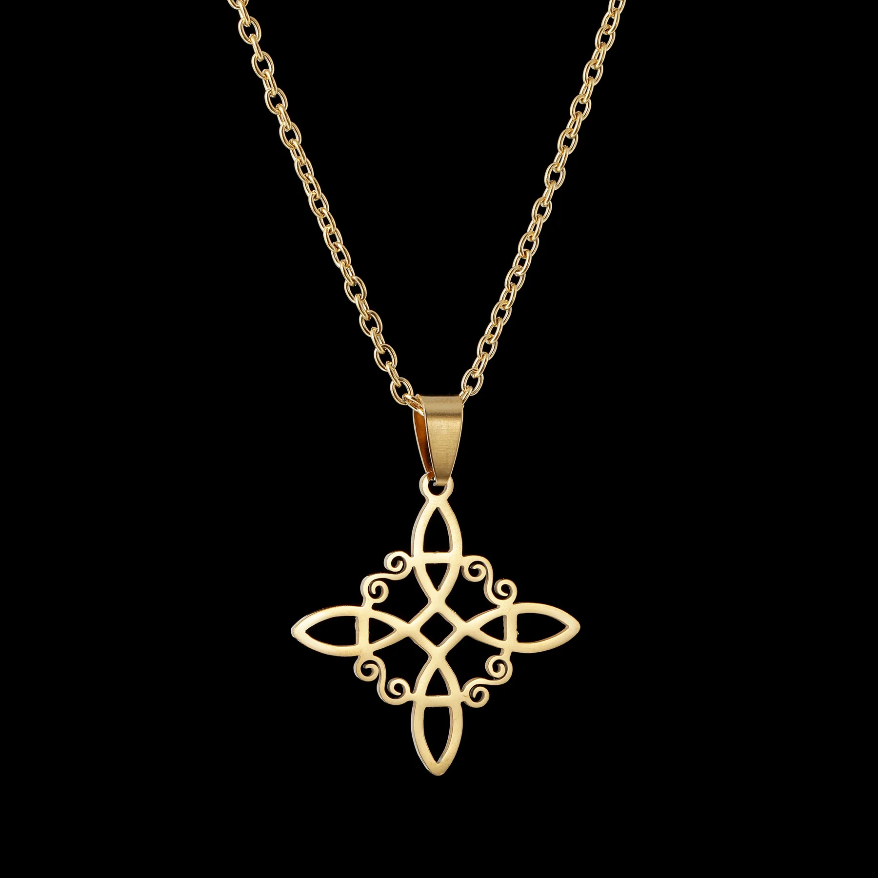 Witch Knot Necklace for Women Men Stainless Steel Religious Pagan Lucky Moom Islam Amulet Jewelry