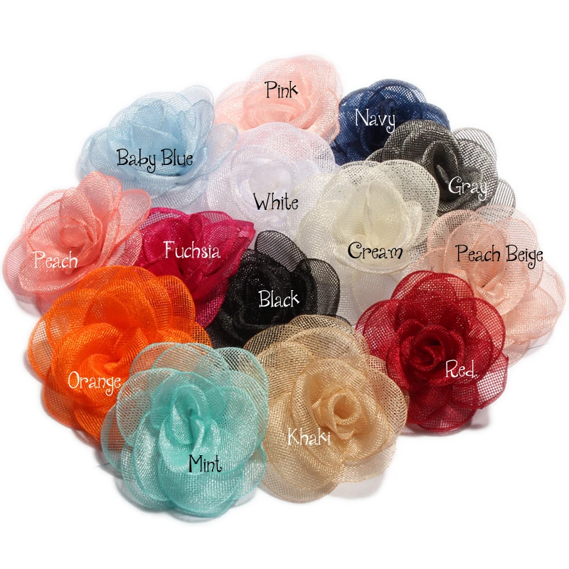 20PCS 14colors 6cm Newborn Handmade Gauze Layered Hair Flower Vintage Rolled Rose Fabric Flowers for Kids Hair Accessories