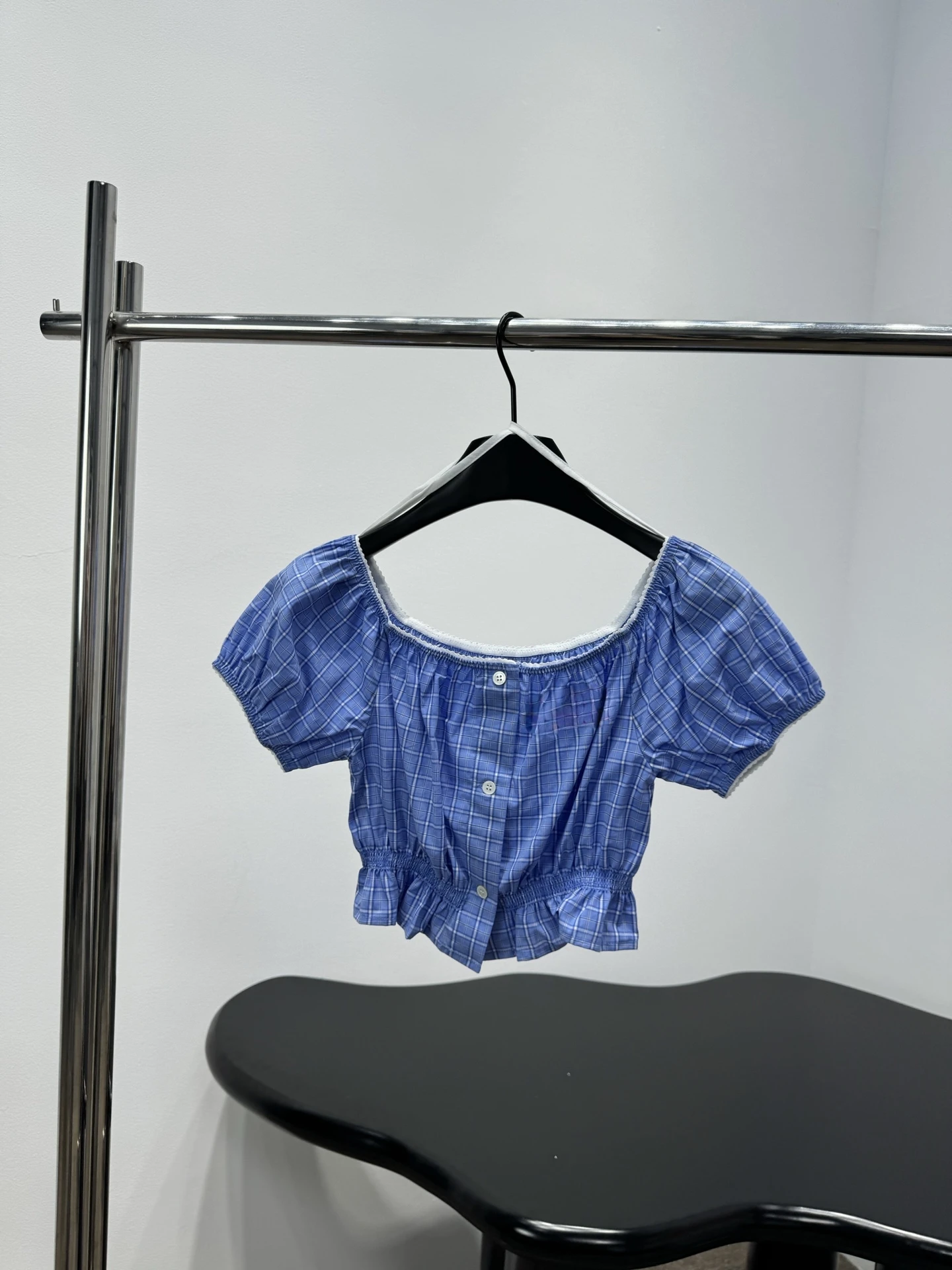 

Sweet Style Women's Blue Plaid Short Sleeve Shirt Slimming Bubble Sleeve Version Fashionable Casual Cotton Shirt