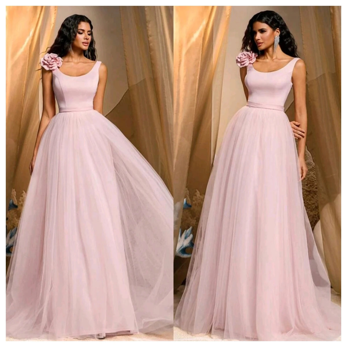 Maßgeschneidertes klassisches rosa Organza-Abendkleid, exquisites Partykleid mit U-Ausschnitt und Spaghettiträgern, zartes, rückenfreies Heimkehrkleid