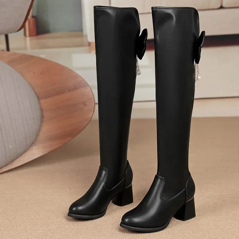 Ladies Shoes 2024 High Quality Back Zip Women's Boots Fashion Butterfly-knot Modern Boots Women New Round Toe Knee-High Boots