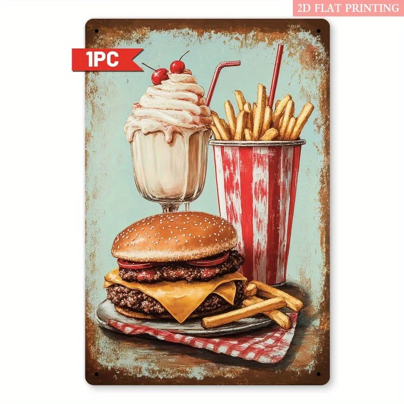 2D Flat, 2D Vintage Metal Signage 2D Flat, 1pc Vintage Diner Burger & Milkshake Metal Wall Decor - Retro Fast Food Garage Sign w