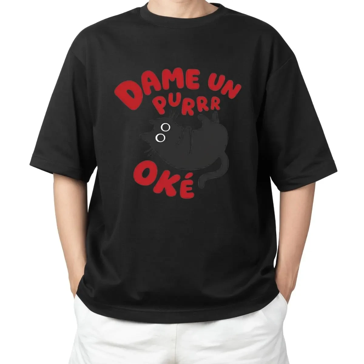 

Men's Oversized T-Shirt Funny Black Cat Spanish Text Graphic Print Short Sleeve Trendy Tee