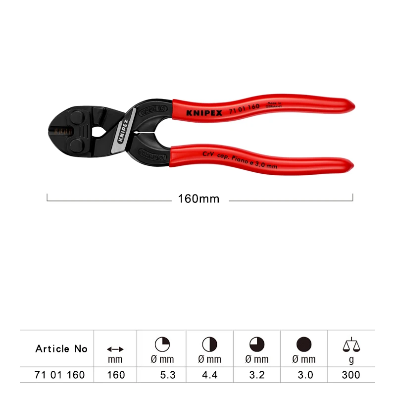 KNIPEX CoBolt Compact Bolt Cutter With Notched Blade Cutting Pliers For Bolts, Nails, Rivets Quality Chain Cutters NO.71 01 160