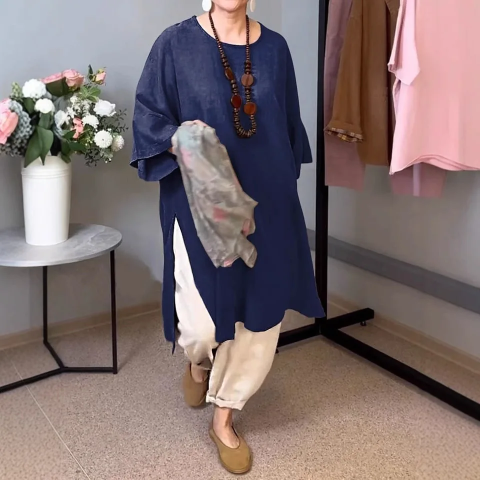 بلوزة نسائية صيفية أوروبية وأمريكية جديدة بلون سادة ورقبة دائرية وأكمام سبعة أرباع كتان غير رسمي طويل