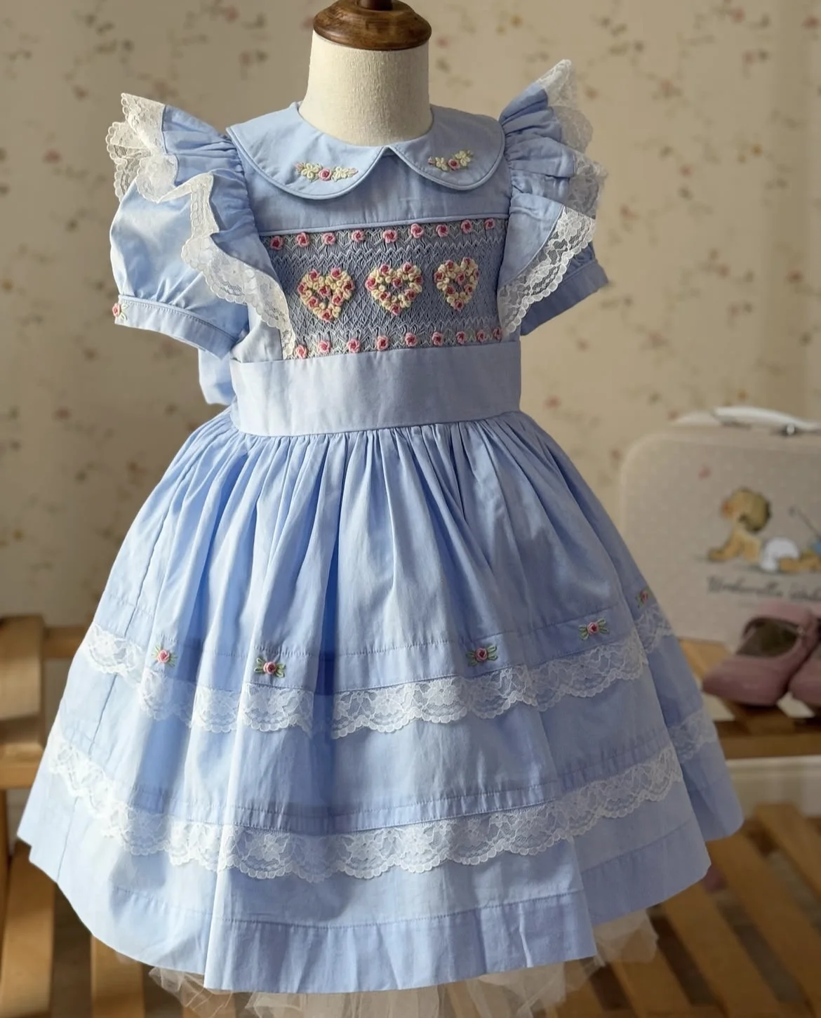 

Baby Girl Summer Blue Flower Smocked Handmade Turkish Vintage Lolita Princess Ball Gown Dress for Birthday Eid Photography A28