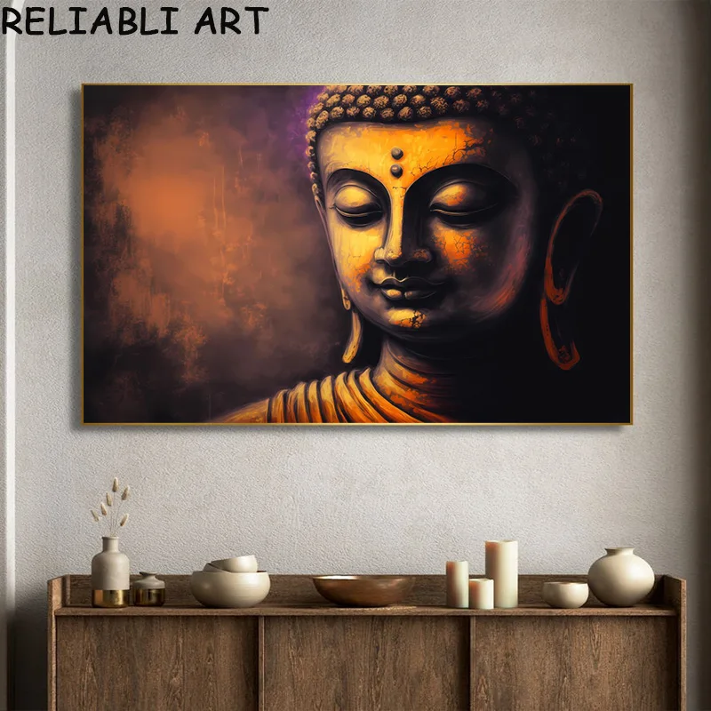Abstract Lotus Flower Buddha Portrait Poster and Prints, Canvas Painting, Wall Art Pictures for Living Room Home Decor No Frame