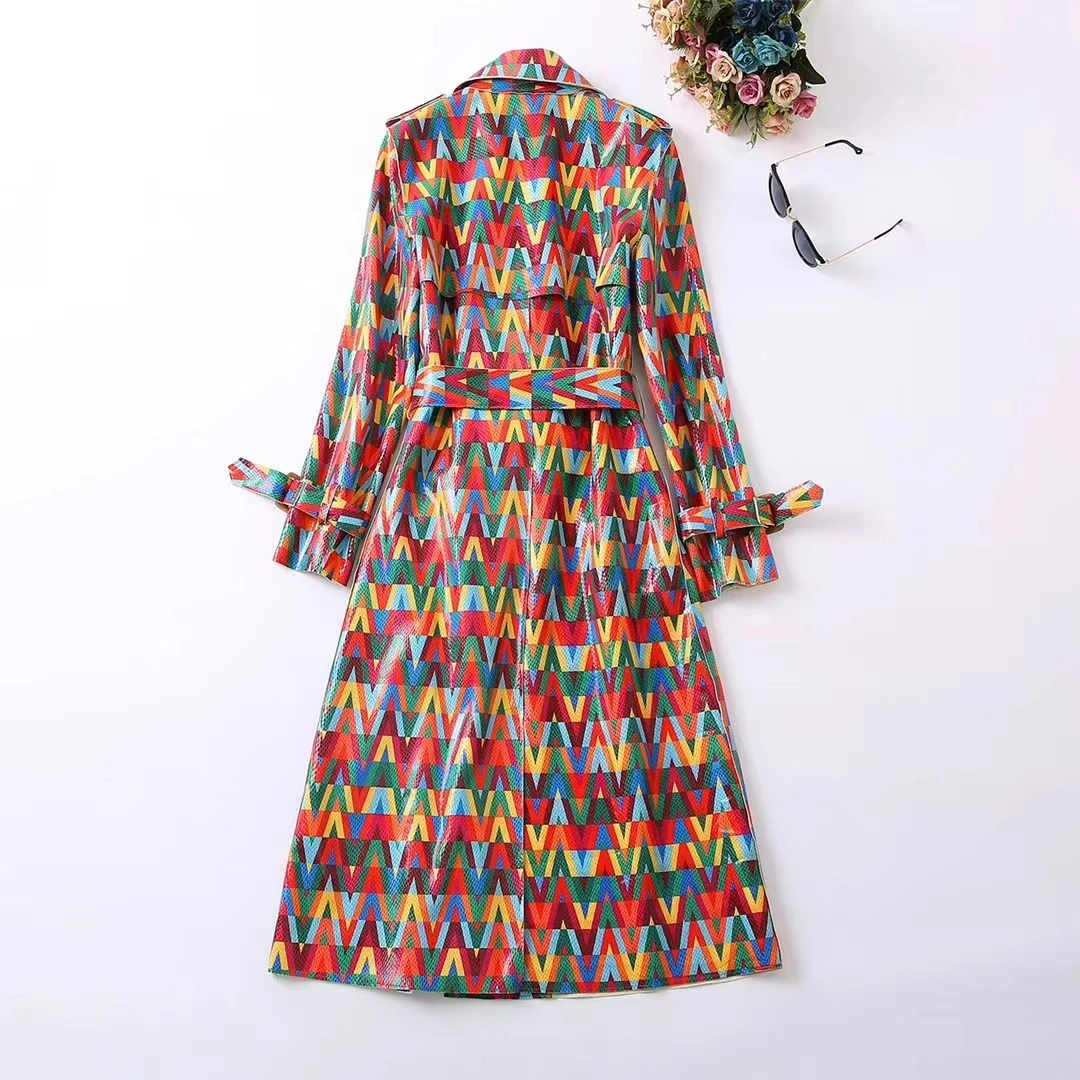 European and American women\'s clothing winter 2022 new Long sleeve suit collar monogram printed suede Fashion belt trench coat