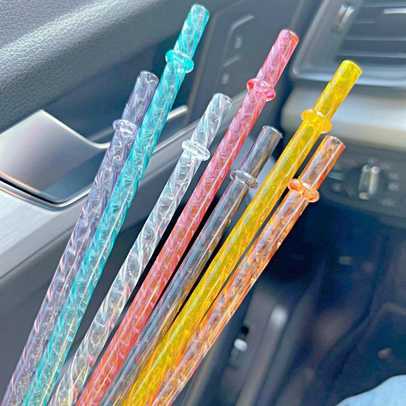 Swirl Straws Reusable 24cm Long Hard Plastic Shiny Crystal Tumbler Replacement Drinking Straws With Cleaning Brush 5Pcs