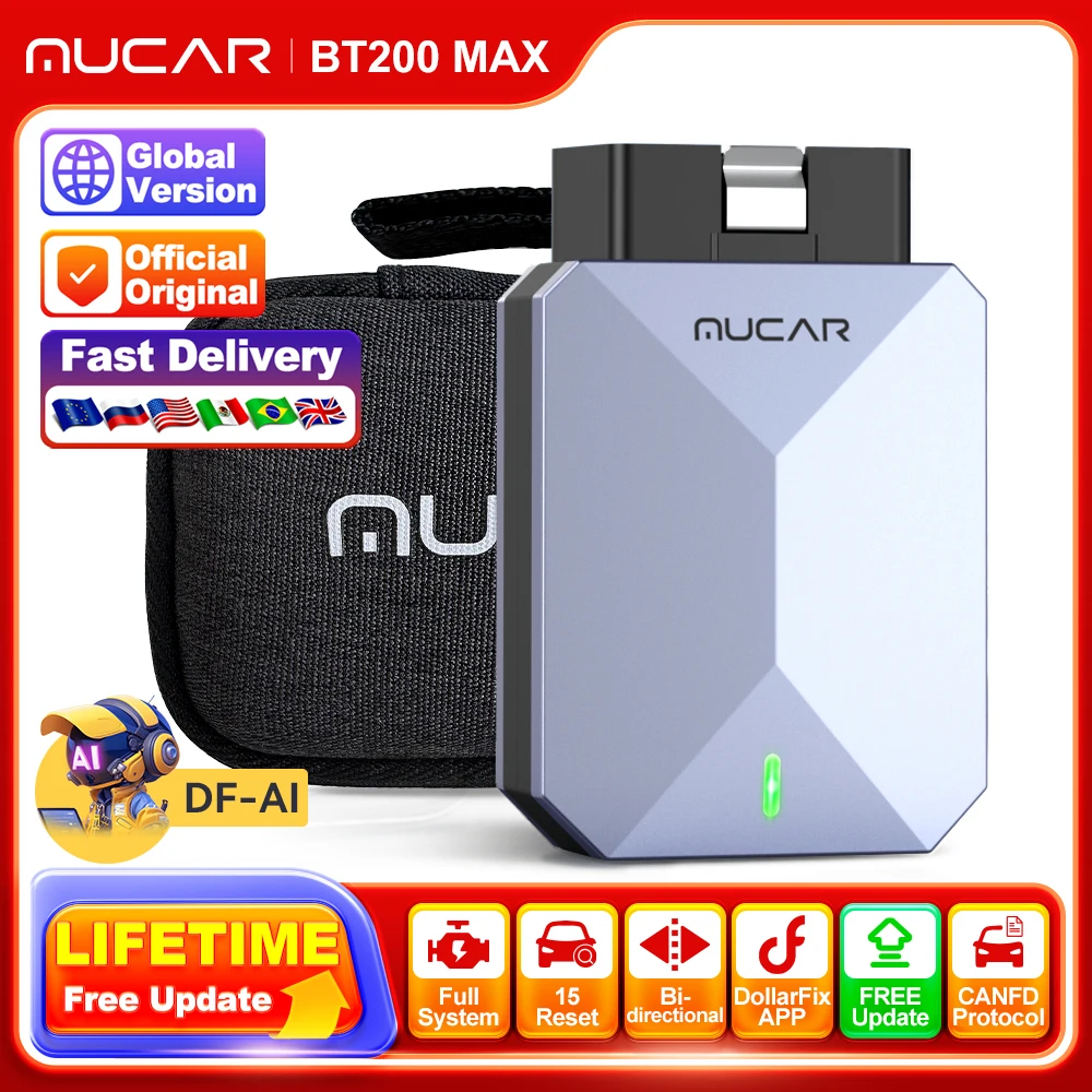 MUCAR BT200 MAX Free Update Global Version Auto OBD2 Scanner Full System Bidirectional 15 Reset CANFD Car Diagnostics Tools