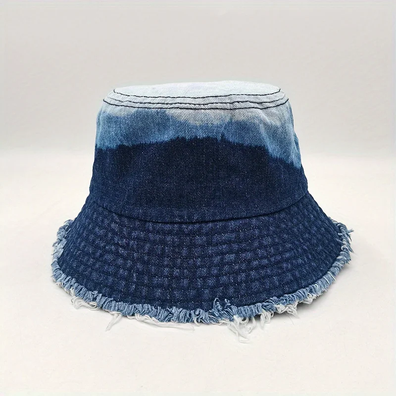 

Women's Oversized Brim Bucket Hat Tie-Dye Denim Vintage Washed Rough Edge Visor Cap Korean Japanese Fashion Summer
