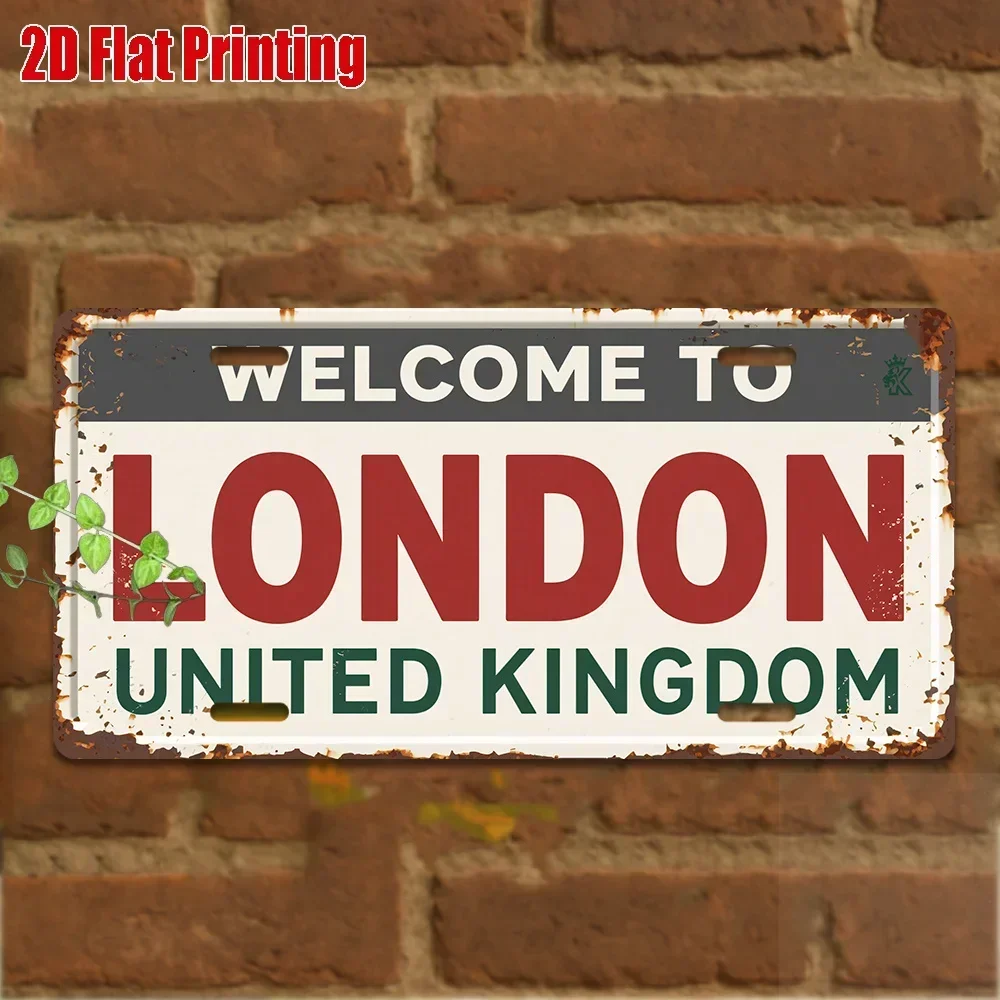 2D Flat, 1pc Vintage London UK Welcome Sign - 11.8x5.9 Inch Aluminum Metal Plaque with Red & Stripes & Green Leaf Design