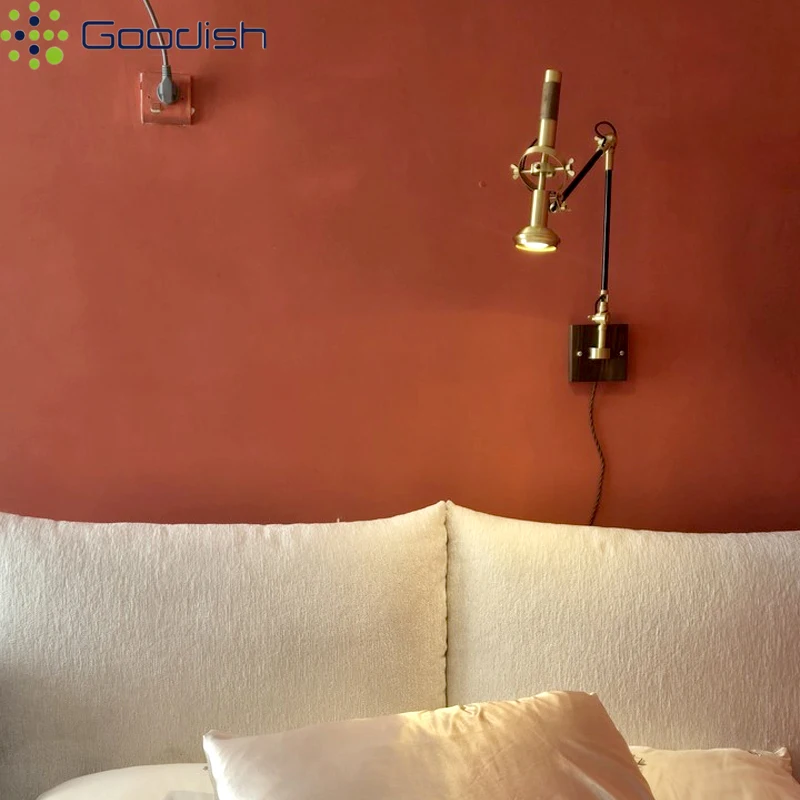 Modern Stylish 360 Degree Adjustable Long Swing Arm Copper Lustre Lights LED Wall Lamps for Bedroom Home Decoration Chandelier