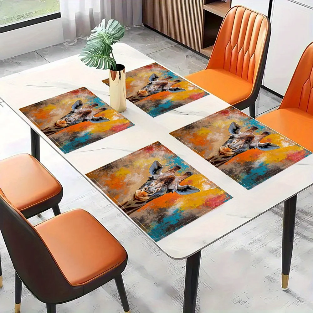 Giraffe Art Placemat Linen Blend Abstract Animal Table Mat for Kids Dining Kitchen Decor Gift Set of 4