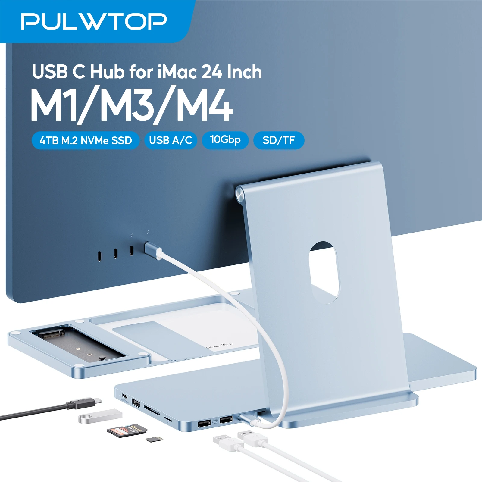 

PULWTOP iMac USB C Hub с расширениями M.2 SSD (SSD не входит в комплект), USB A/C 3.2 10 Гбит/с, USB A 2.0, SD/TF для iMac 24-дюймовый M1 M3 M4