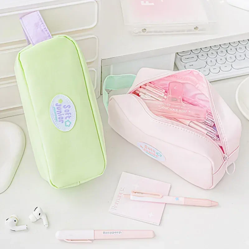 1 Piece Korean Fashion Pencil Case Candy Color Series Pencil Bag 2 Layer Soft Touch High Capacity Stationery Storage Bag Student