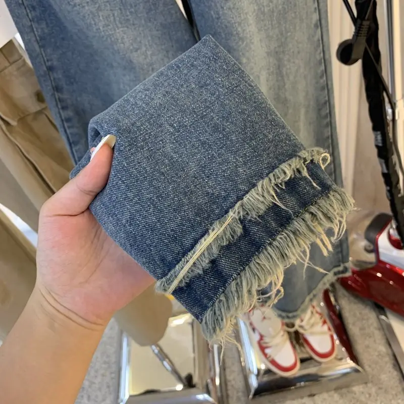 Dżinsy damskie Spodnie z szerokimi nogawkami Denim Washing High Waist Loose Fit Pockets Basics Full Length Pants Solid Color Slight Strech 2024