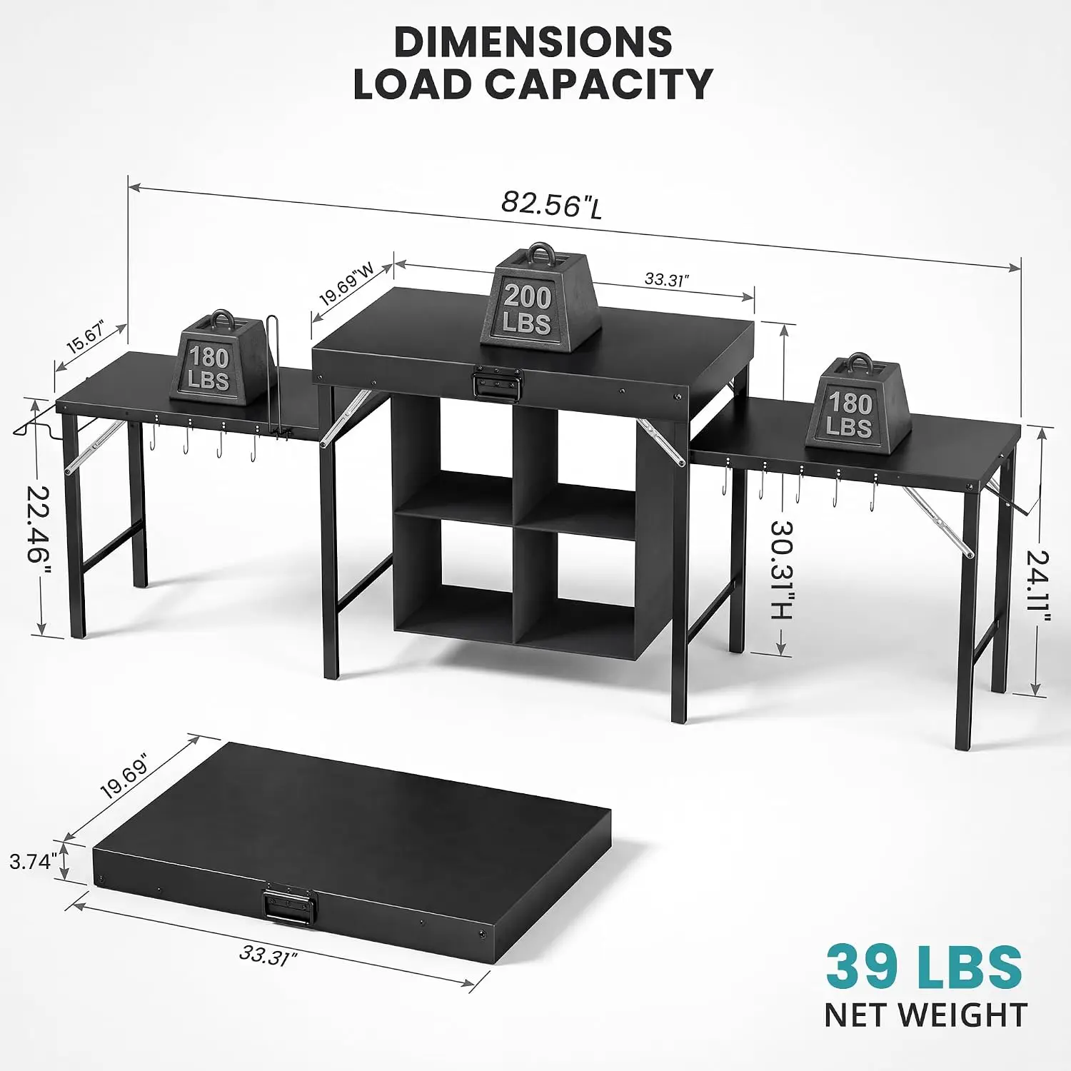 Folding Grill Table, Portable Tri-Fold Outdoor BBQ Prep Station | Expands to an 82.5 in camping kitchen with 4-cubby storage, 9