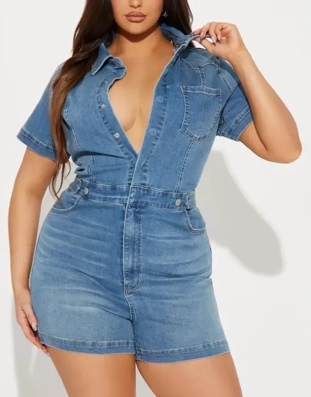 

Women Fashion High Stretch Short Sleeve Slim Denim Jumpsuit Personalized Street Style Female Casual Slimming Short Jumpsuits