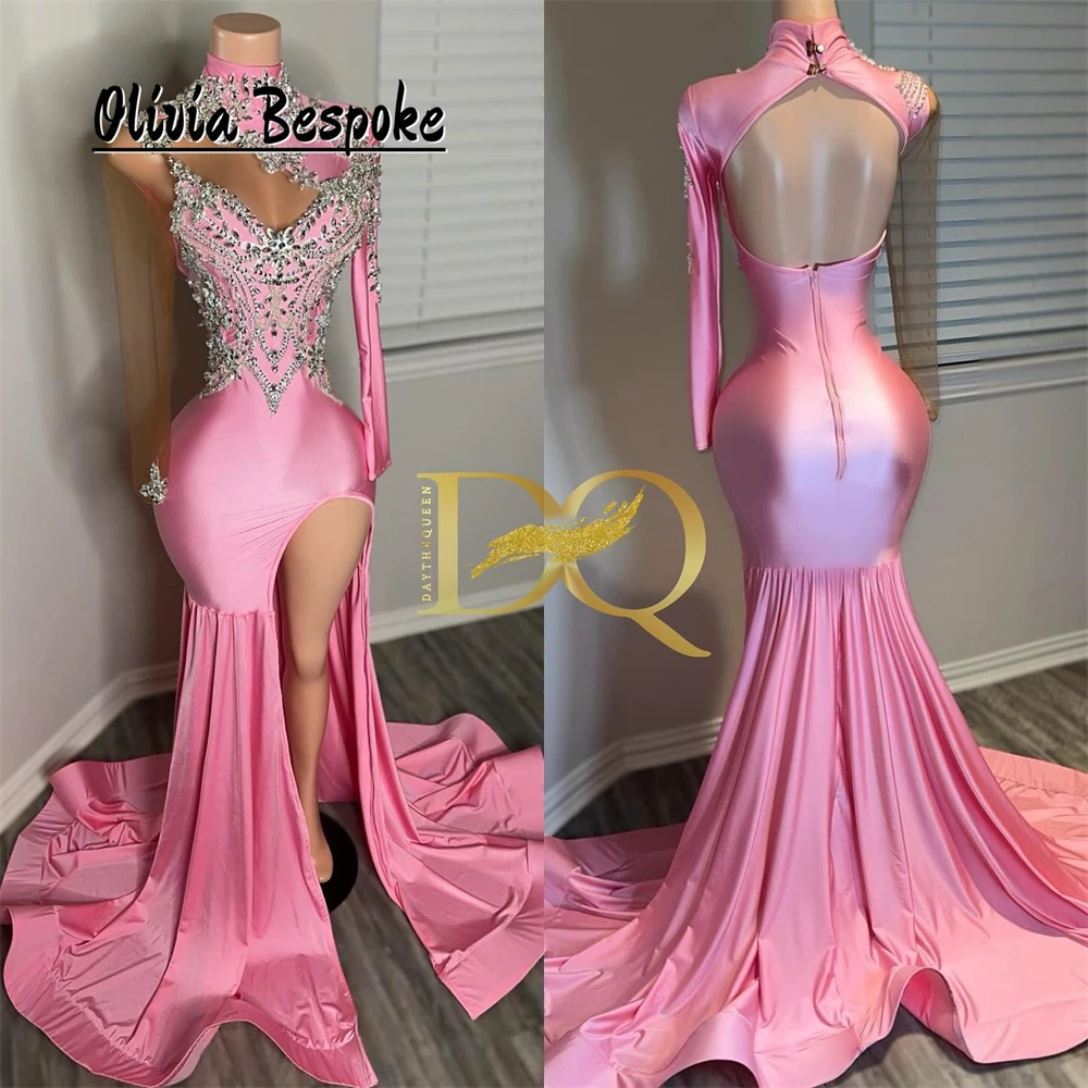 Delightful Pink Backless Prom Dresses Beaded Rhinestones Split Long Sleeves Birthday Dress Luxury 2024 Mermaid Cocktail Gown