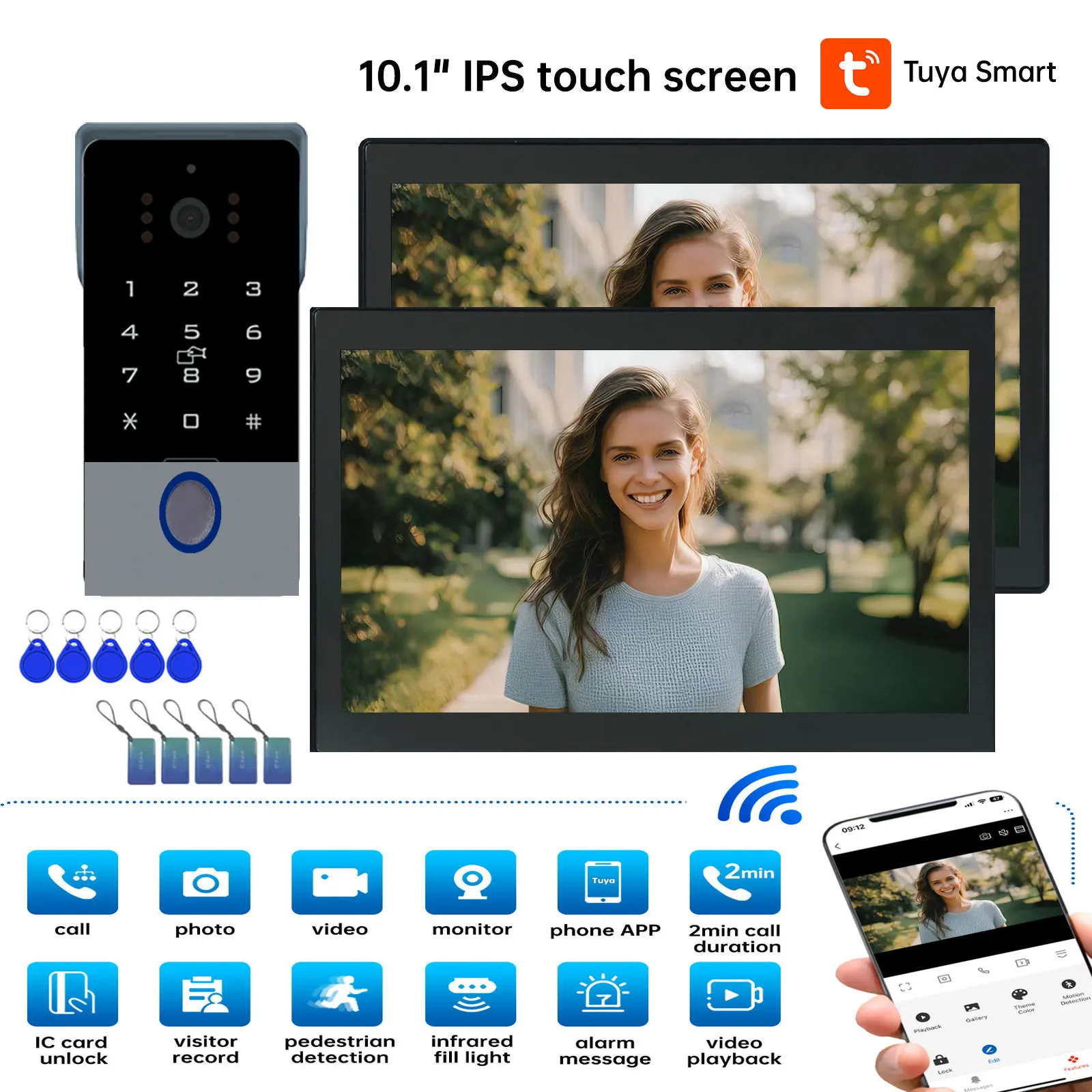 2-Draht 10-Zoll 2-teiliges LCD-Video-Türsprechsystem mit Tuya APP, IC-Karten- und PIN-Entsperrung, WLAN-Unterstützung, 1080P Smart Video-Gegensprechanlage