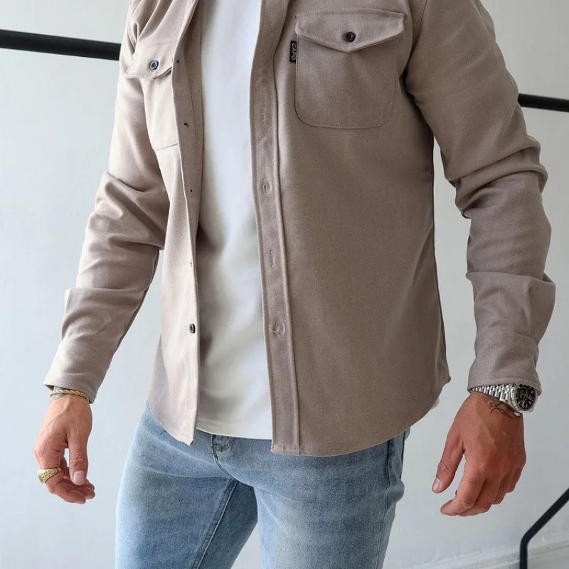 Casual Cotton Long Sleeve Shirt for Young Men Thickened Fleece Warm Winter Style Pocket Design Flip Collar All-Match  Color