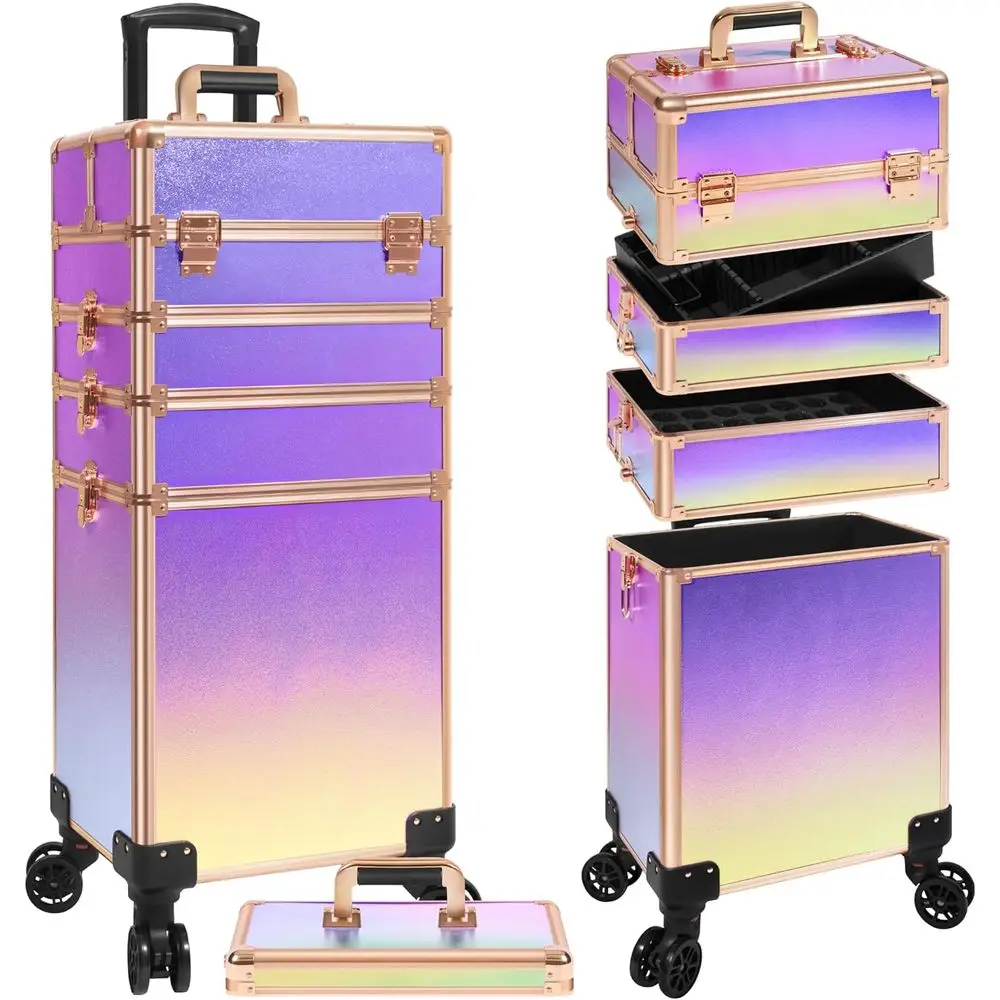 Estojo de trem de maquiagem rolante com tampa, estojo de cosmetologia 5 em 1 sobre rodas, grande organizador de carrinho de cosméticos para viagem para cabeleireiro A