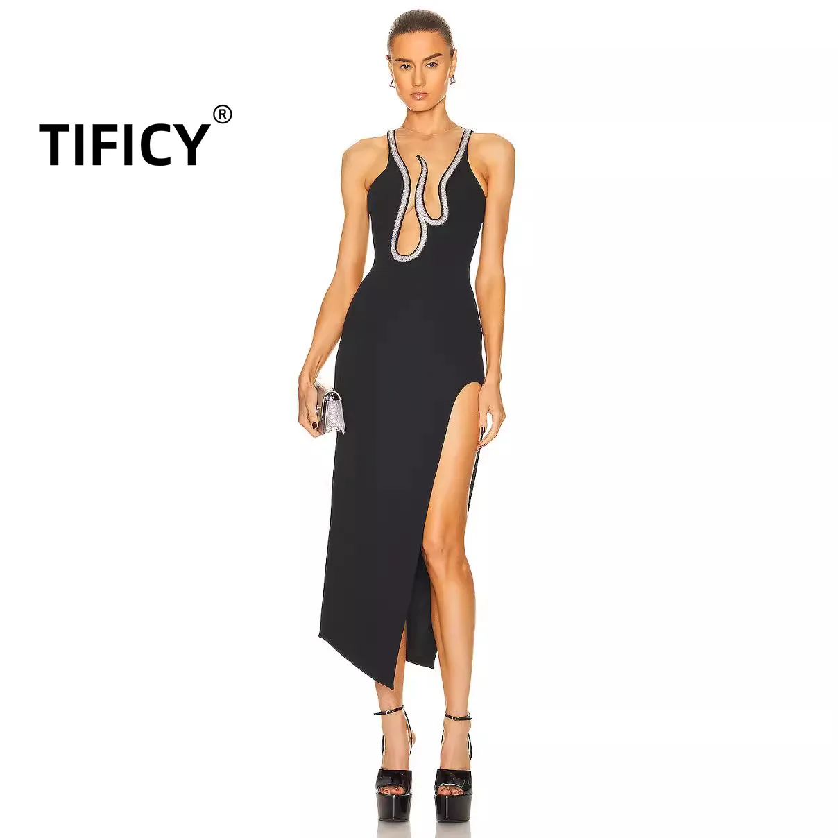 

High Street Sexy Women's Fashionable and Sexy Suspender Slit Bandage Bodycon Dress Vestidos De Mujer Women Clothing