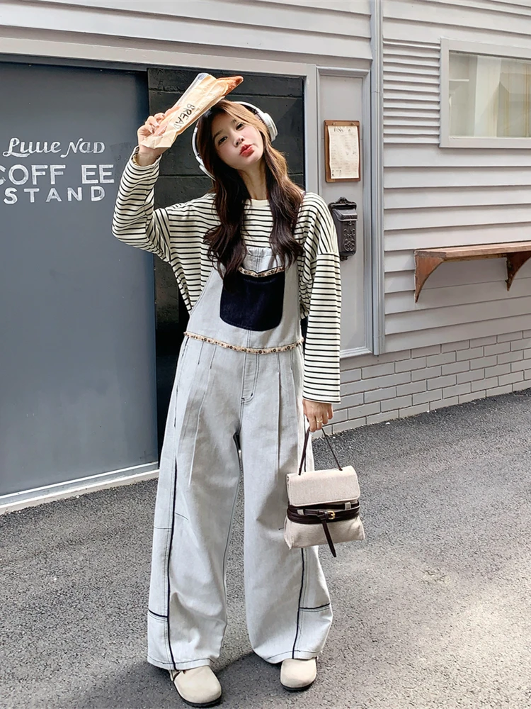Retro American Workwear Contrast Color Splicing Denim Overalls Women's Spring Autumn Loose Age Reduction One-Piece Pants