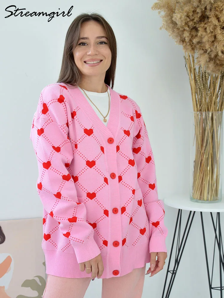 Streamgirl Autumn Oversized Cardigan For Women Winter Women\'s Sweater Pink Heart Cardigan Women Long Oversize Knit Coats 2023