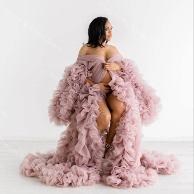 Pink Tulle Maternity Robes for Photo Shoot Sexy Tiered Ruffle Women Pregnancy Dresses with Long Train Fluffy Baby Shower Gowns