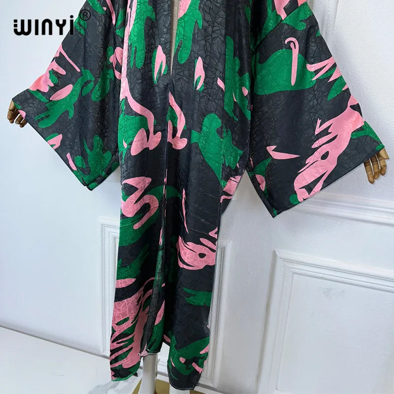 WINYI 2024 High-quality Double-sided Print Silk feel Dress Beach Wear Boho Cardigan abaya women muslim dress Long Sleeve Kimono